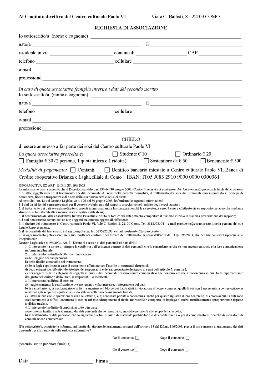 Modulo iscrizione Centro culturale Paolo VI